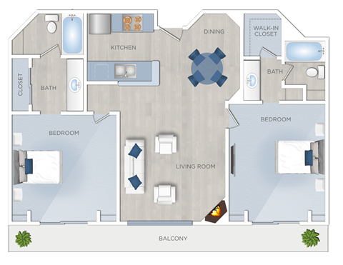Floor plan for 2 beds, 2 baths, 990 sqft